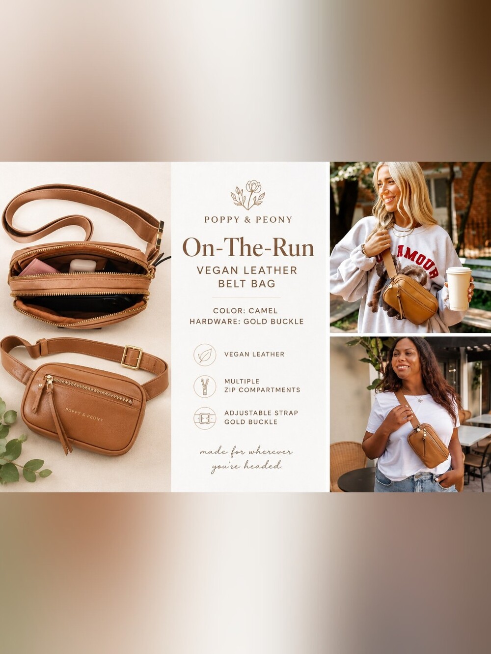 Poppy & Peonies On-The-Run Belt Bag – Camel